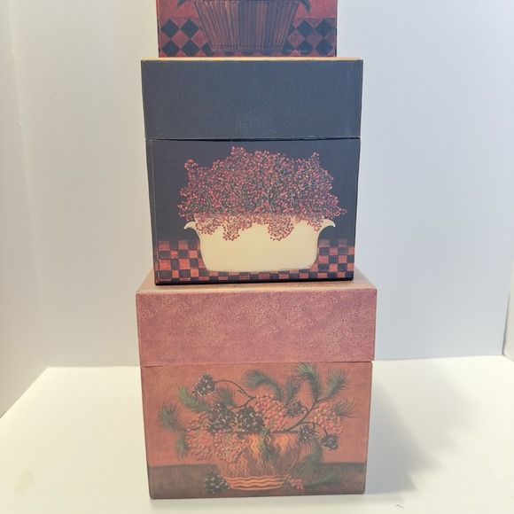 VTG Bob's Boxes Fruits & Flowers Nesting Boxes set of 5 w Lids Festive primative - Picture 3 of 10